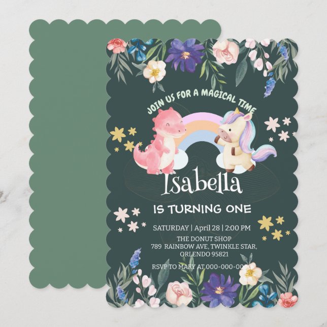 Cute Dinosaur Unicorn-regnbåge, Blommigt-barn Inbjudningar (Fram/baksida)
