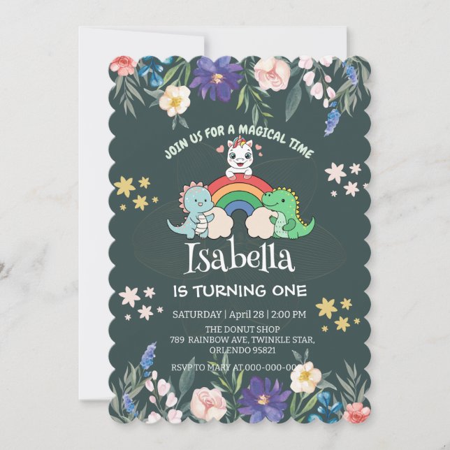 Cute Dinosaur Unicorn-regnbåge, Blommigt-barn Inbjudningar (Framsida)