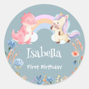 Cute Dinosaur Unicorn Rinbow Balloon födelsedagsba Runt Klistermärke
