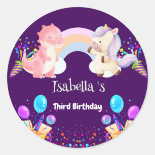 Cute Dinosaur Unicorn Rinbow Balloon födelsedagsba Runt Klistermärke