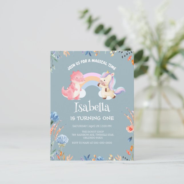 Cute Dinosaur Unicorn Rinbow Flower namn Inbjudan Vykort (Stående Fram)