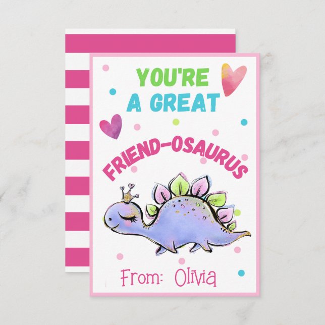 Cute Dinosaur Valentine Card for Kid Friend Osaurs Anteckningskort (Fram/baksida)