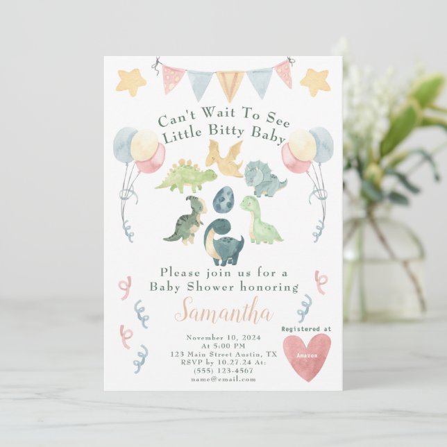 Cute Dinosaur Watercolor Baby Shower Inbjudningar (Stående Fram)
