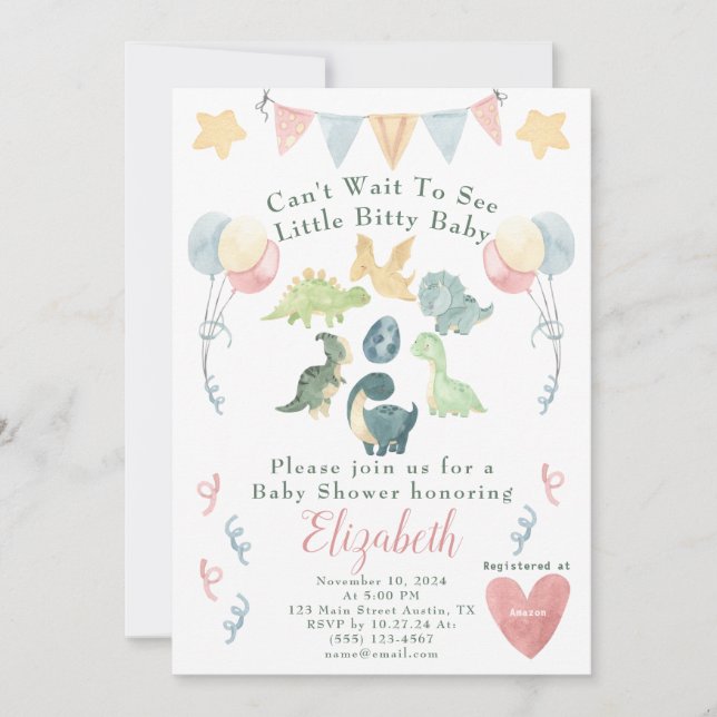 Cute Dinosaur Watercolor Baby Shower Inbjudningar (Framsida)