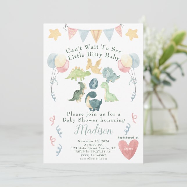 Cute Dinosaur Watercolor Baby Shower Inbjudningar (Stående Fram)