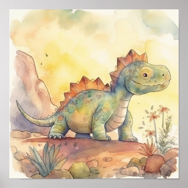 Cute Dinosaur Watercolor Storybook Illustration Poster (Framsidan)