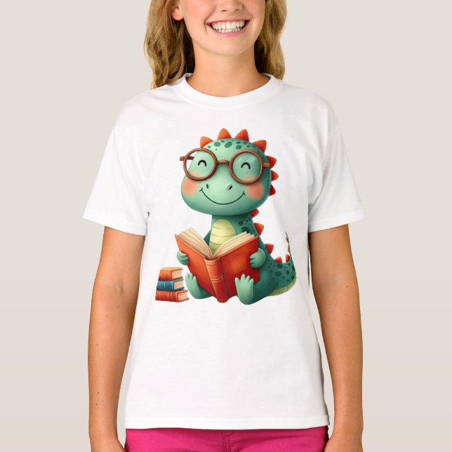 Cute Dinosaur Wearing Glass Bokar Back to school T Shirt (Framsida)