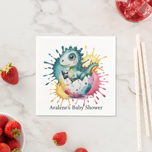 Cute Dinosaur with Watercolor Splash Baby Shower Pappersservett (Insitu)