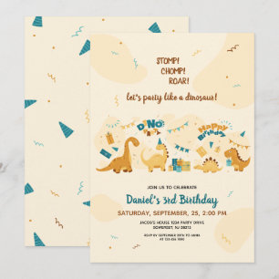 Cute Dinosaurs 3:e födelsedag Dino Party Inbjudningar