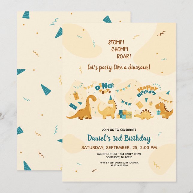 Cute Dinosaurs 3:e födelsedag Dino Party Inbjudningar (Fram/baksida)