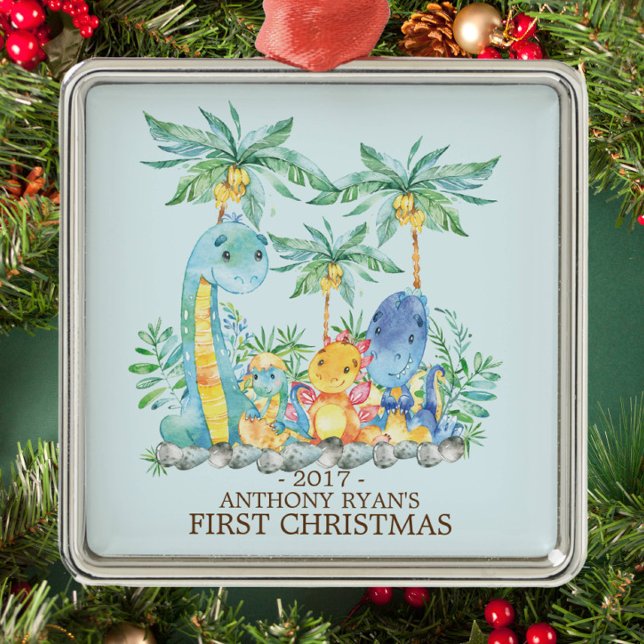 Cute Dinosaurs Baby Första julprydnaden Julgransprydnad Metall (Skapare uppladdad)