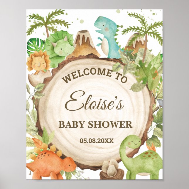 Cute Dinosaurs Baby Shower 1:a födelsedag Välkomme Poster (Framsidan)