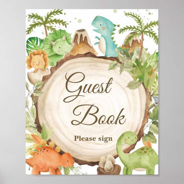 Cute Dinosaurs Baby Shower Birthday Guestbook-teck Poster (Framsidan)