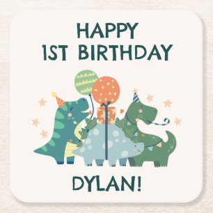 Cute Dinosaurs Barn Grattis på födelsedagen Underlägg Papper Kvadrat
