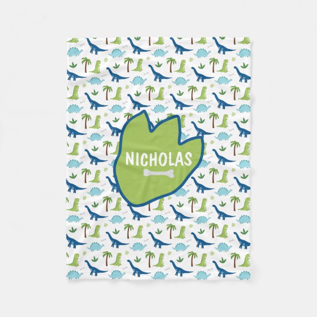 Cute Dinosaurs Blues and Grönts Fleecefilt (Framsidan)