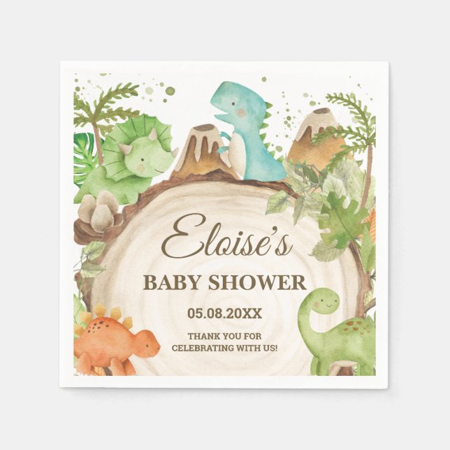 Cute Dinosaurs Boy Birthday Greenery Löv T-Rex Pappersservett (Framsidan)