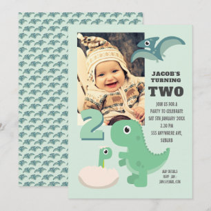 Cute Dinosaurs Boys 2:a födelsedag Party Photo Inbjudningar