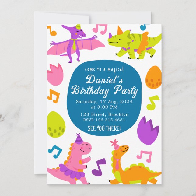 Cute Dinosaurs Colorful Birthday Kids Party Inbjudningar (Framsida)