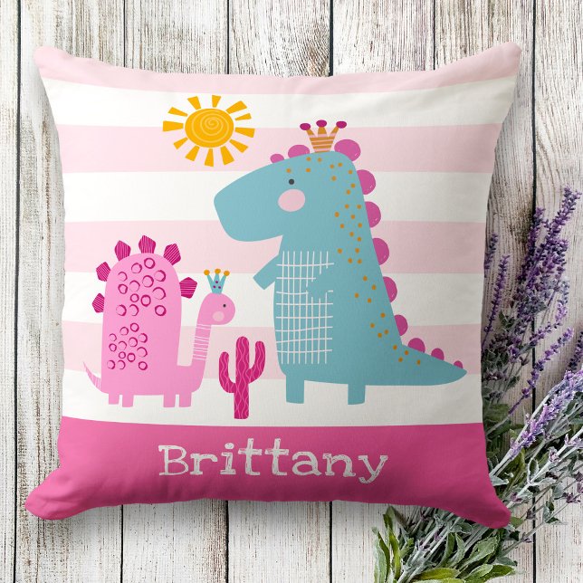 Cute Dinosaurs Flicka Rosa Rand Bold Kawaii Kudde (Skapare uppladdad)