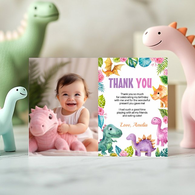 Cute Dinosaurs Girl Birthday Photo - tackkort Tack Kort (Skapare uppladdad)