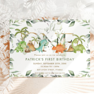 Cute Dinosaurs Greenery 1st Birthday Vild ett Inbjudningar