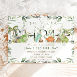 Cute Dinosaurs Greenery 3:e födelsedagen 3 Inbjudningar
