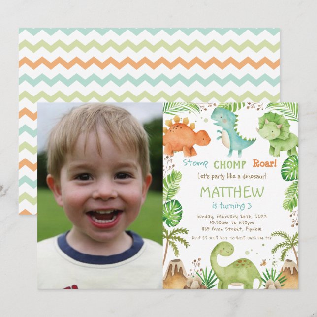 Cute Dinosaurs Greenery Boy Birthday Photo Inbjudningar (Fram/baksida)