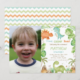 Cute Dinosaurs Greenery Boy Birthday Photo Inbjudningar