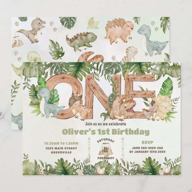 Cute Dinosaurs Greenery ONE 1st First Birday Inbjudningar (Fram/baksida)