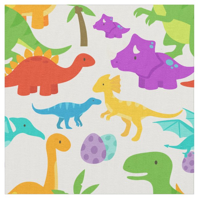 Cute Dinosaurs Grönt Lila Prehistorisk Tyg (Närbild)