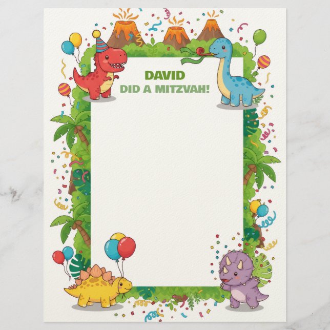 Cute Dinosaurs Kids Customized Mitzvah Notes Brevhuvud (Framsida)