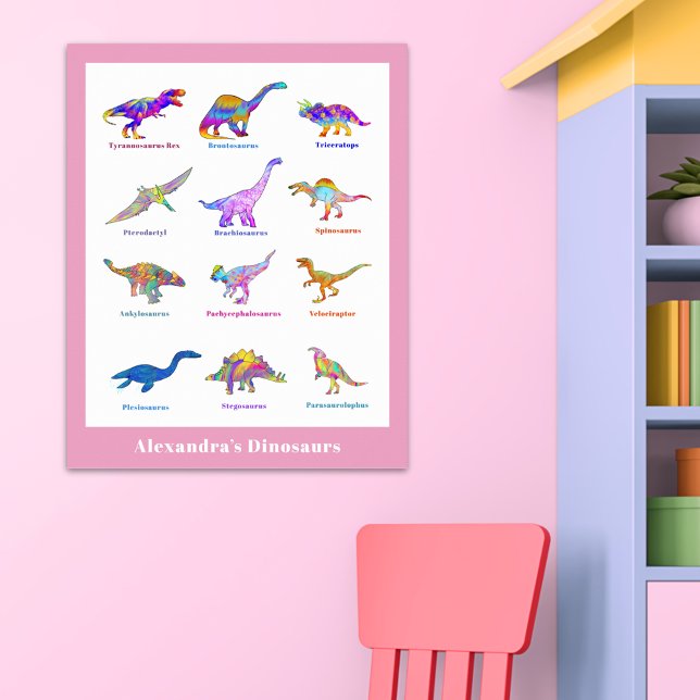 Cute Dinosaurs med namn rosa Education Poster (Dinosaurs with names pink custom poster for girls)