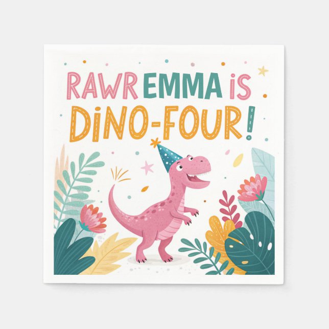 Cute Dinosaurs Roar Girl Födelsedagsfest Napkins Pappersservett (Framsidan)