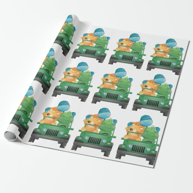 Cute Dinosaurs Safari Fordon Jungle Baby Shower Presentpapper (Utrullad)