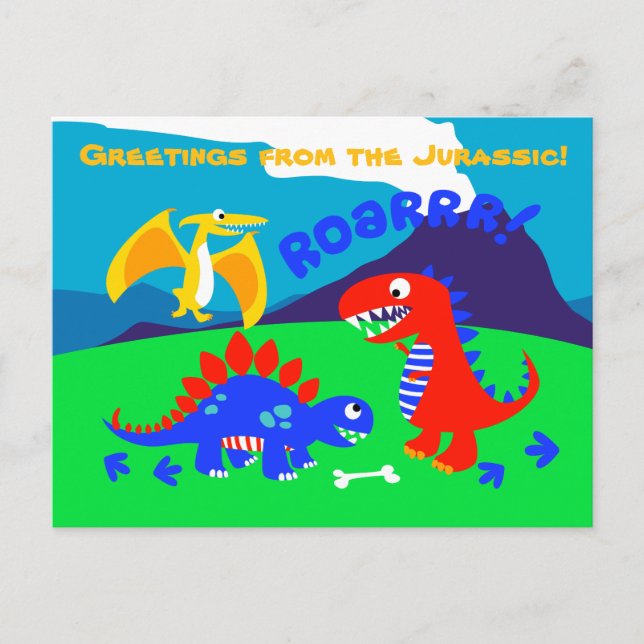 Cute dinosaurs som står på backe vykort (Framsida)