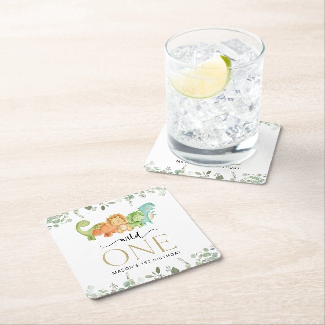 Cute Dinosaurs, T-Rex, Jurassic, första födelsedag Underlägg Papper Kvadrat (Insitu)