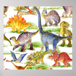 Cute Dinosaurs vattenfärg Sömlös konst Poster