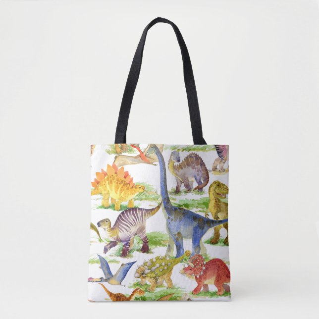Cute Dinosaurs vattenfärg Sömlös konst Tygkasse (Framsida)
