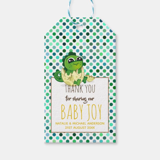 Cute Dinsoaur Hatching Egg Baby Shower Boy Girl Presentetikett (Framsidan)