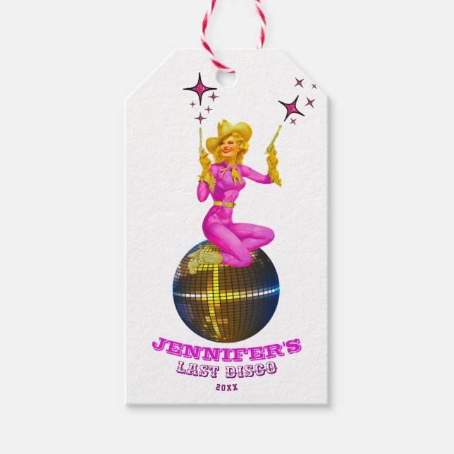 Cute Disco Cowgirl Retro Bachelorette Party Presentetikett (Framsidan)