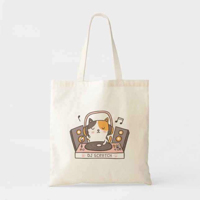 Cute DJ Scratch Kattunge Pun Humor Tote Bag Tygkasse (Framsidan)