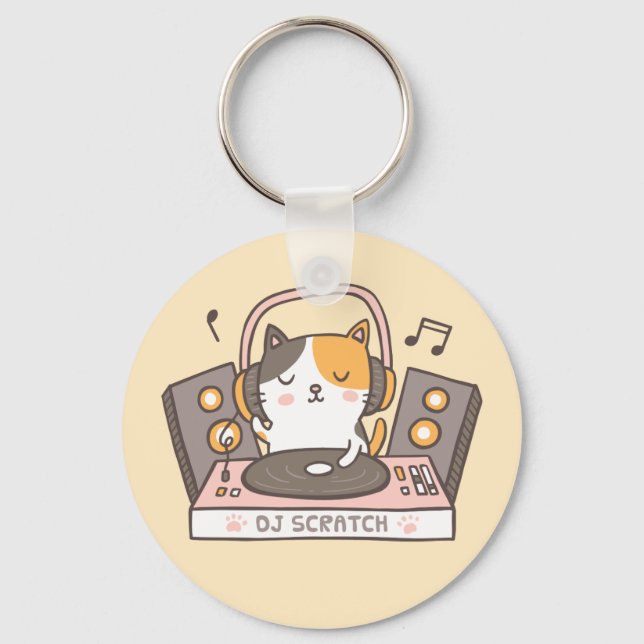 Cute DJ Scratch Kattunge Pun Keychain Nyckelring (Framsida)