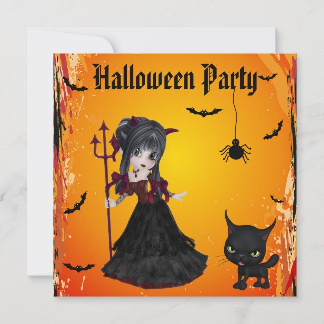 Cute Djävulen Girl, Pitchfork & Cat Halloween Inbjudningar (Framsida)