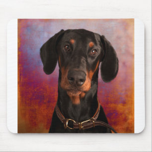 Cute Doberman Ansikte på färgad bakgrund Musmatta