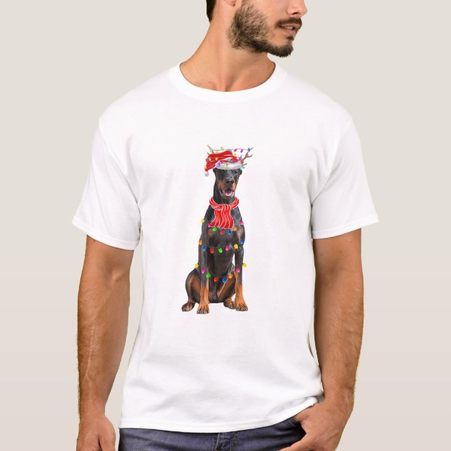Cute Doberman Julgran Ljus Hund älskare T Shirt (Framsida)