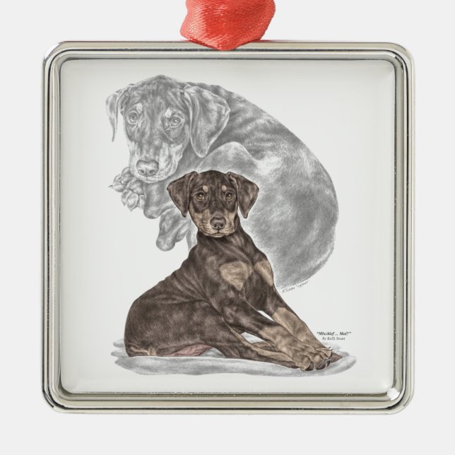 Cute Doberman Pinscher Puppy Julgransprydnad Metall (Framsidan)