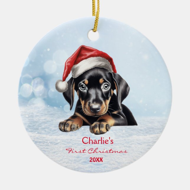 Cute Doberman Puppy Hund Santa Hat 1:a jul Julgransprydnad Keramik (Framsidan)