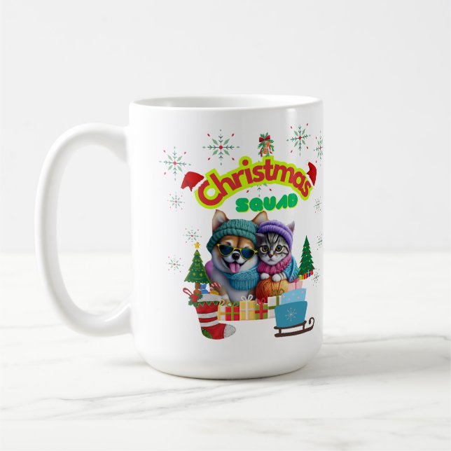 Cute dog and cat Christmas squad design  Coffee Mu Kaffemugg (Vänster)