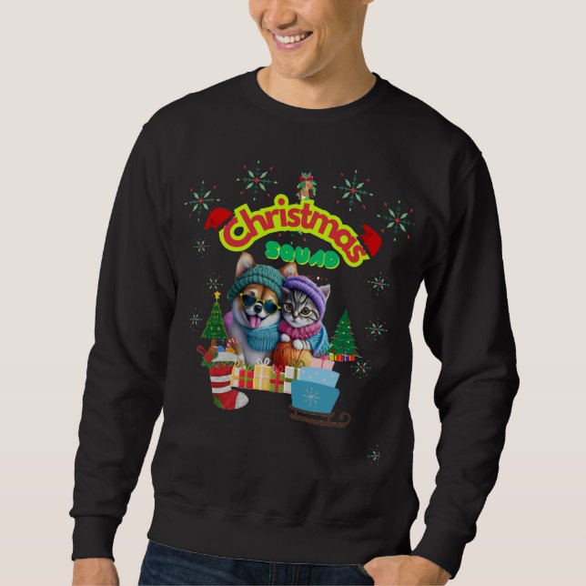 Cute dog and cat Christmas squad design  Lång Ärmad Tröja (Framsida)