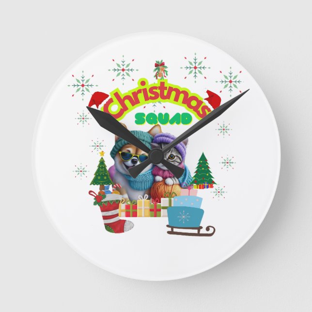 Cute dog and cat Christmas squad design  Rund Klocka (Framsida)